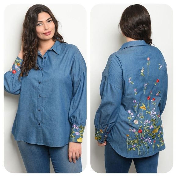 Tops | Blue Denim Floral Plus Size Top | Poshmark